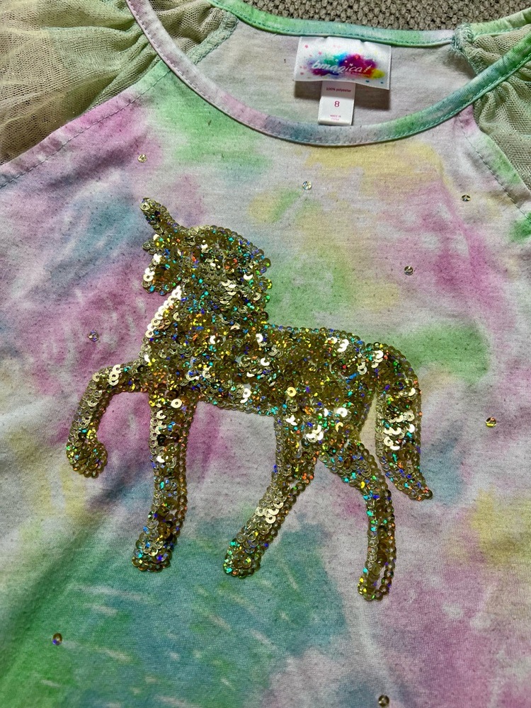 Bmagical By Btween Nightgown Girls 8 Multicolored Sequin Unicorn Tulle Ruffle
